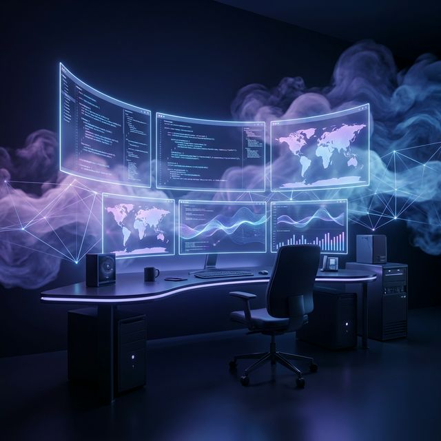 Futuristic developer workspace with holographic monitors